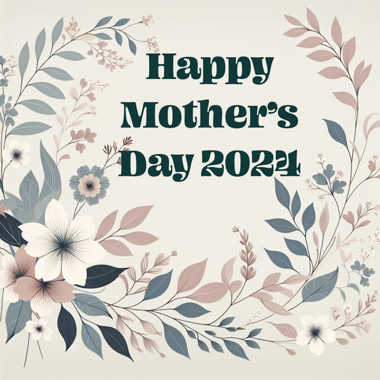 A text graphic on a floral background that reads "Happy Mothers Day 2024". Celebrate the unique and special woman in your life with a whimsical gift from our woman-owned small Florida business.