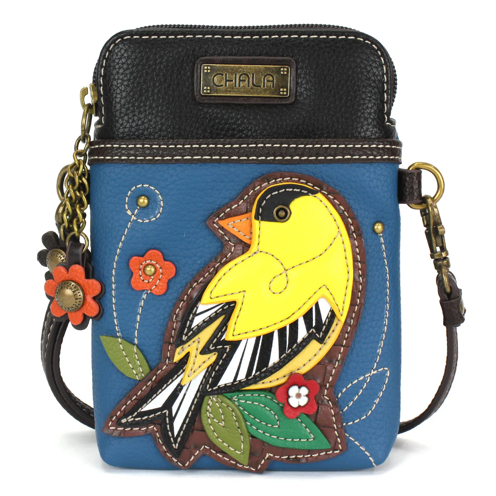 Elevate your style with the delightful Chala vegan leather crossbody handbag, featuring a whimsical Goldfinch Chala Pal companion on the front. Crafted with cruelty-free materials, this charming accessory blends fashion with personality, making a statement that is both playful and environmentally conscious. Experience the perfect blend of whimsy and elegance with every wear, showcasing your unique flair wherever you go.