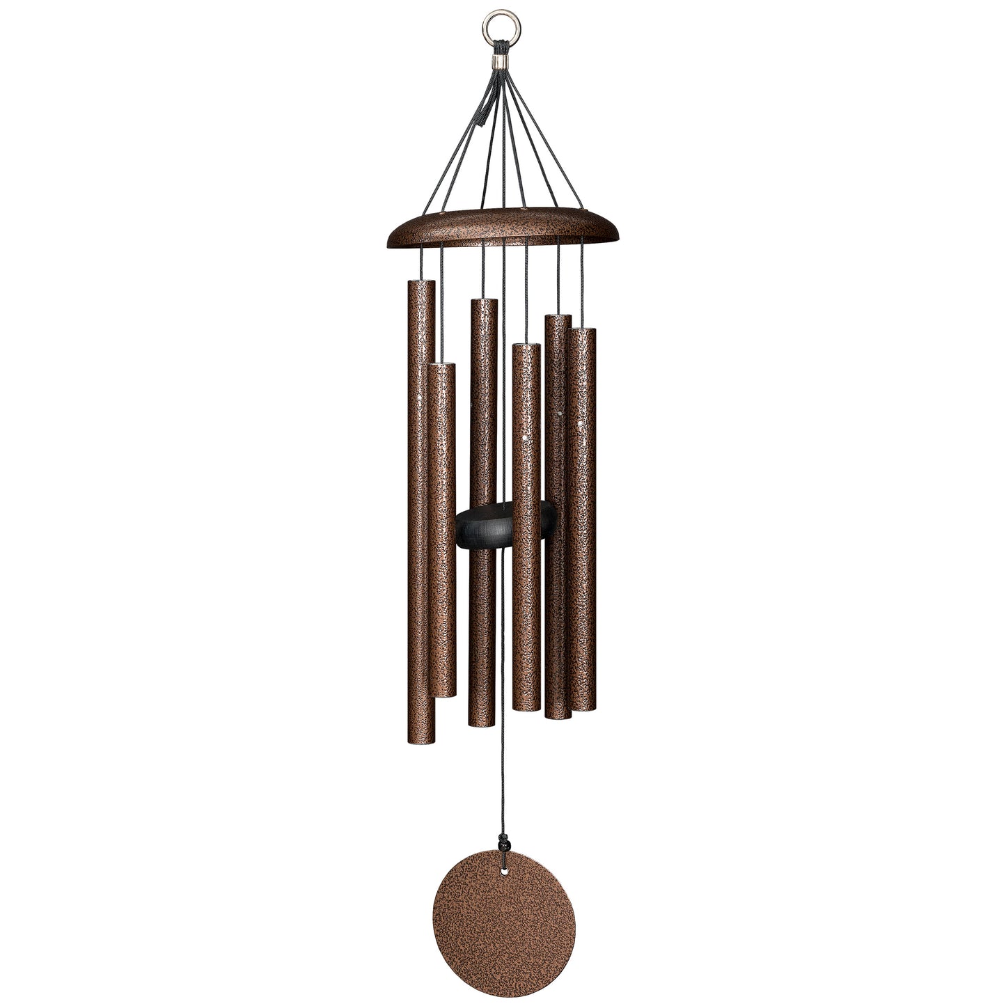 These Copper Vein Wind River Corinthian Bells wind chimes from Home and Garden Treasures are crafted with six hollow tubes of varying sizes suspended from a central ring, creating enchanting melodies as they dance in the breeze. Complete with a stylish round metal sail that catches gentle winds, each Corinthian Bell exemplifies timeless elegance and superior craftsmanship. Elevate your garden retreat with the perfect gift today!