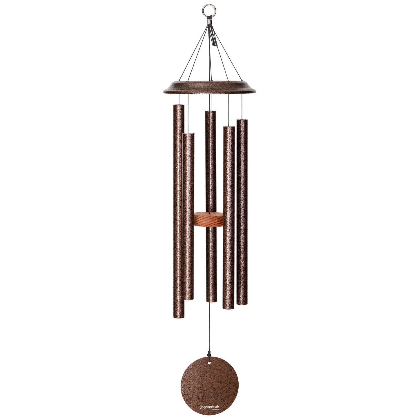 These Copper Vein Wind River Shenandoah Melodies wind chimes from Home and Garden Treasures are crafted with six hollow tubes of varying sizes suspended from a central ring, creating enchanting melodies as they dance in the breeze. Complete with a stylish round metal sail that catches gentle winds, each Shenandoah Melodies exemplifies the calming song of the Virginia countryside. Elevate your garden retreat with the perfect gift today!