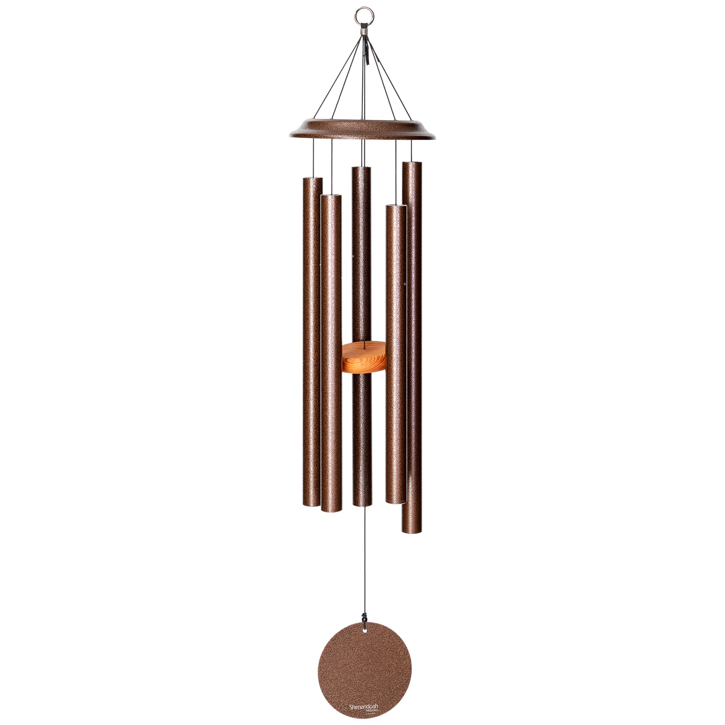 These Copper Vein Wind River Shenandoah Melodies wind chimes from Home and Garden Treasures are crafted with six hollow tubes of varying sizes suspended from a central ring, creating enchanting melodies as they dance in the breeze. Complete with a stylish round metal sail that catches gentle winds, each Shenandoah Melodies exemplifies the calming song of the Virginia countryside. Elevate your garden retreat with the perfect gift today!