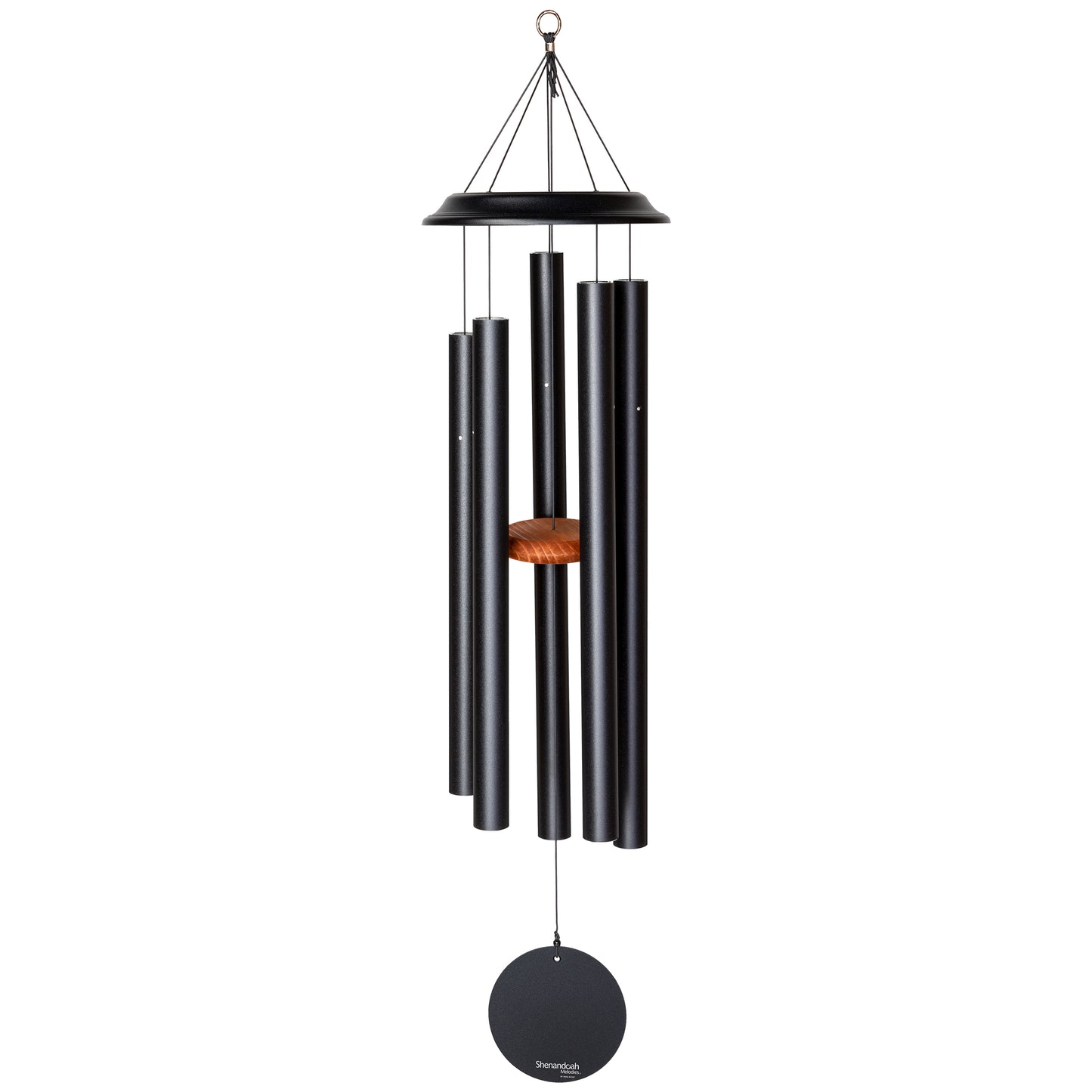 These Black Wind River Shenandoah Melodies wind chimes from Home and Garden Treasures are crafted with six hollow tubes of varying sizes suspended from a central ring, creating enchanting melodies as they dance in the breeze. Complete with a stylish round metal sail that catches gentle winds, each Shenandoah Melodies exemplifies the calming song of the Virginia countryside. Elevate your garden retreat with the perfect gift today!