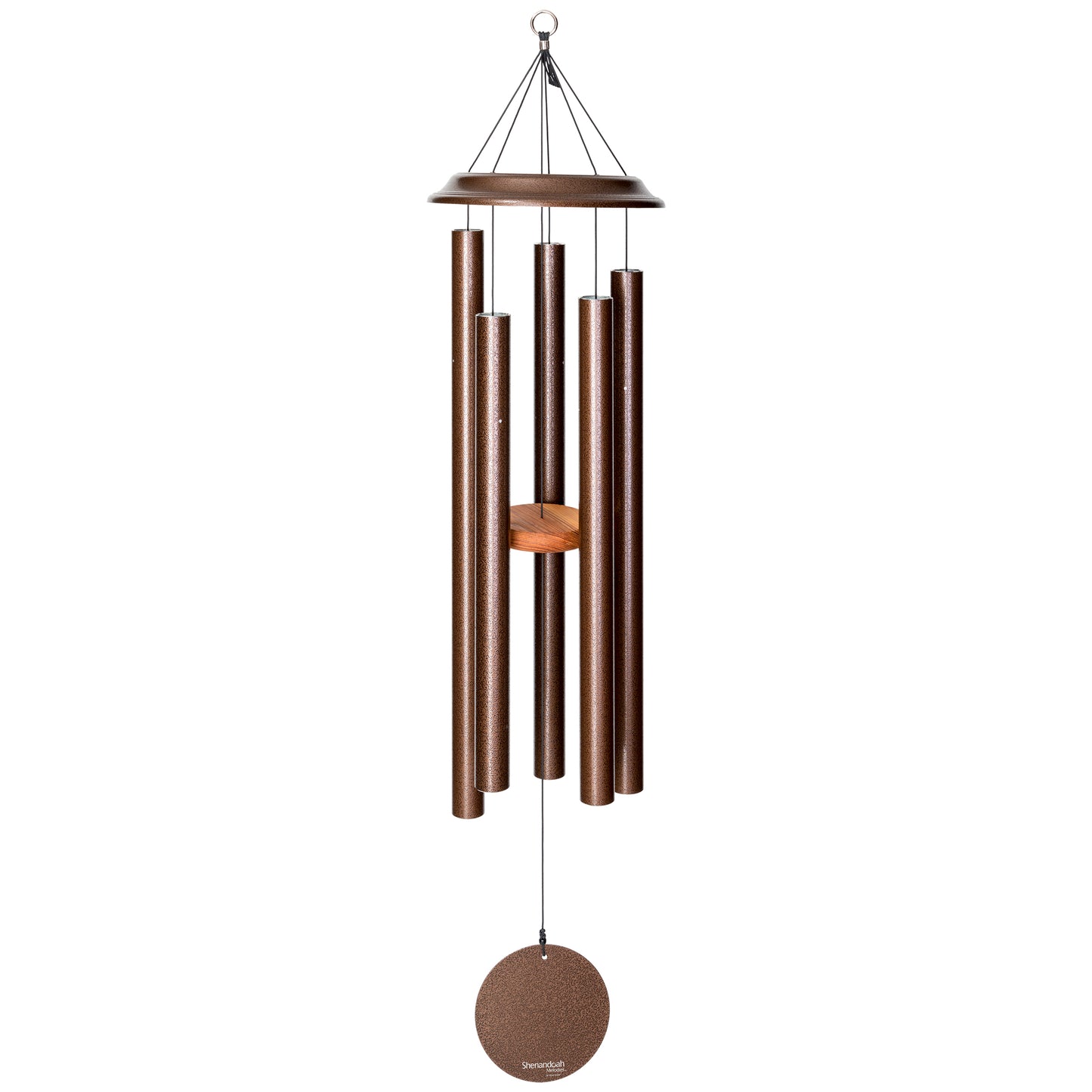 These Copper Vein Wind River Shenandoah Melodies wind chimes from Home and Garden Treasures are crafted with six hollow tubes of varying sizes suspended from a central ring, creating enchanting melodies as they dance in the breeze. Complete with a stylish round metal sail that catches gentle winds, each Shenandoah Melodies exemplifies the calming song of the Virginia countryside. Elevate your garden retreat with the perfect gift today!
