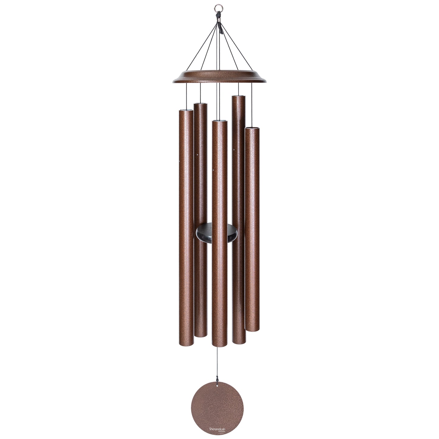 These Copper Vein Wind River Shenandoah Melodies wind chimes from Home and Garden Treasures are crafted with six hollow tubes of varying sizes suspended from a central ring, creating enchanting melodies as they dance in the breeze. Complete with a stylish round metal sail that catches gentle winds, each Shenandoah Melodies exemplifies the calming song of the Virginia countryside. Elevate your garden retreat with the perfect gift today!
