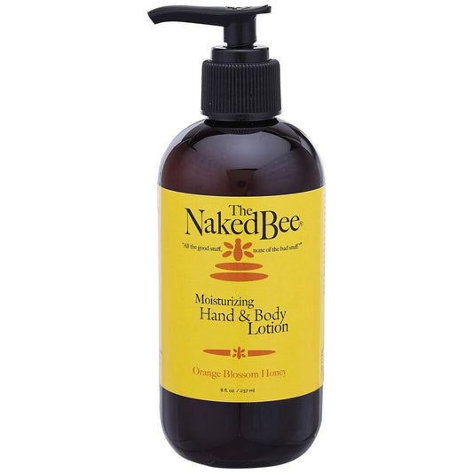 Naked Bee Moisturizing Hand & Body Lotion in an 8oz pump bottle.  Experience the soothing essence of orange blossom and honey in these nourishing creams and lotions, thoughtfully crafted for your skin's care and radiance.