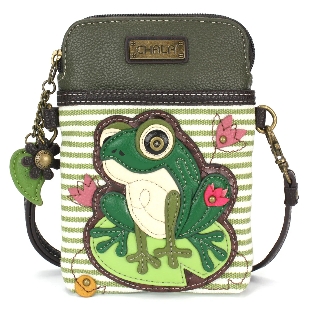 Elevate your style with the delightful Chala vegan leather crossbody handbag, featuring a whimsical Frog on a Lily Pad Chala Pal companion on the front. Crafted with cruelty-free materials, this charming accessory blends fashion with personality, making a statement that is both playful and environmentally conscious. Experience the perfect blend of whimsy and elegance with every wear, showcasing your unique flair wherever you go.