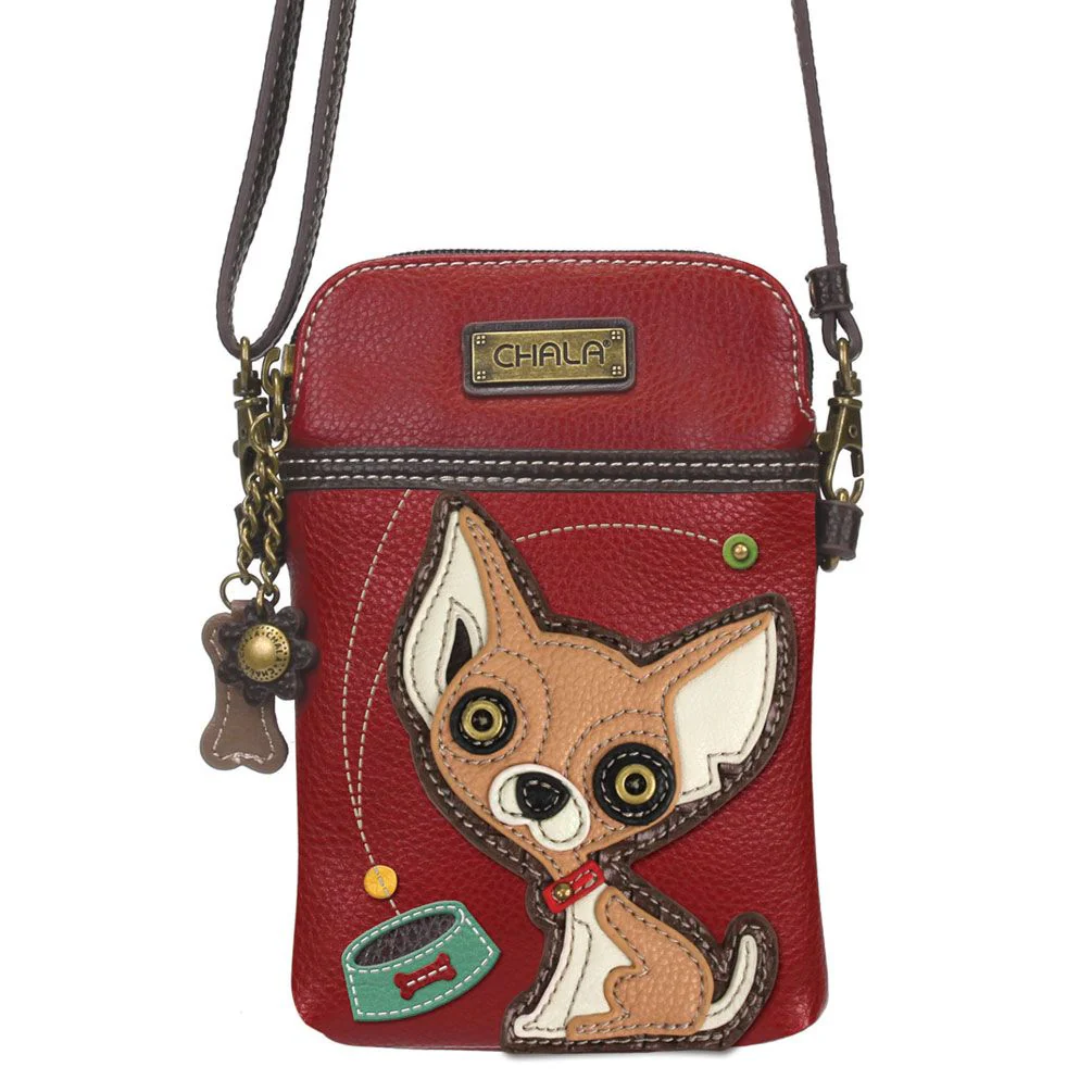 Elevate your style with the delightful Chala vegan leather crossbody handbag, featuring a whimsical Chihuahua DogChala Pal companion on the front. Crafted with cruelty-free materials, this charming accessory blends fashion with personality, making a statement that is both playful and environmentally conscious. Experience the perfect blend of whimsy and elegance with every wear, showcasing your unique flair wherever you go.