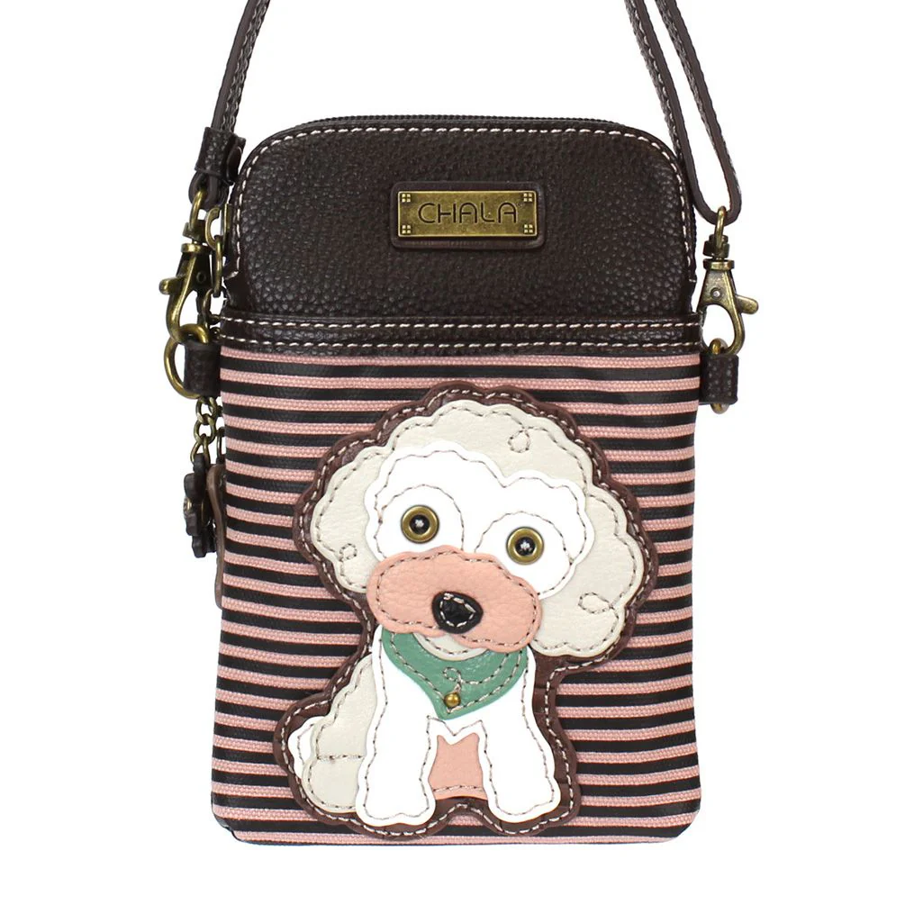 Elevate your style with the delightful Chala vegan leather crossbody handbag, featuring a whimsical Poodle Dog Chala Pal companion on the front. Crafted with cruelty-free materials, this charming accessory blends fashion with personality, making a statement that is both playful and environmentally conscious. Experience the perfect blend of whimsy and elegance with every wear, showcasing your unique flair wherever you go.
