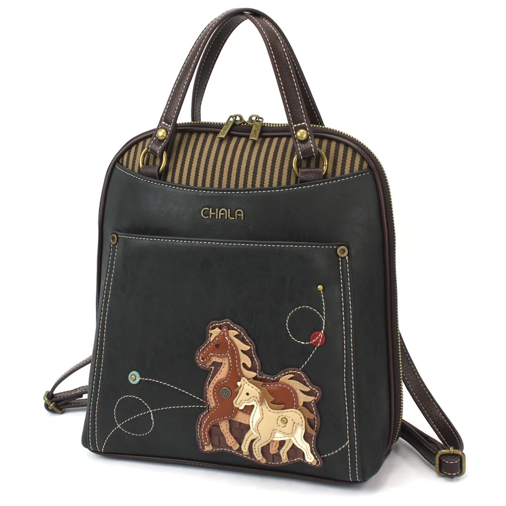 Elevate your style with the delightful Chala vegan leather convertible backpack purse, featuring a pair of horse Chala Pal companions on the front. Crafted with cruelty-free materials, this charming accessory blends fashion with personality, making a statement that is both playful and environmentally conscious. Experience the perfect blend of whimsy and elegance with every wear, showcasing your unique flair wherever you go