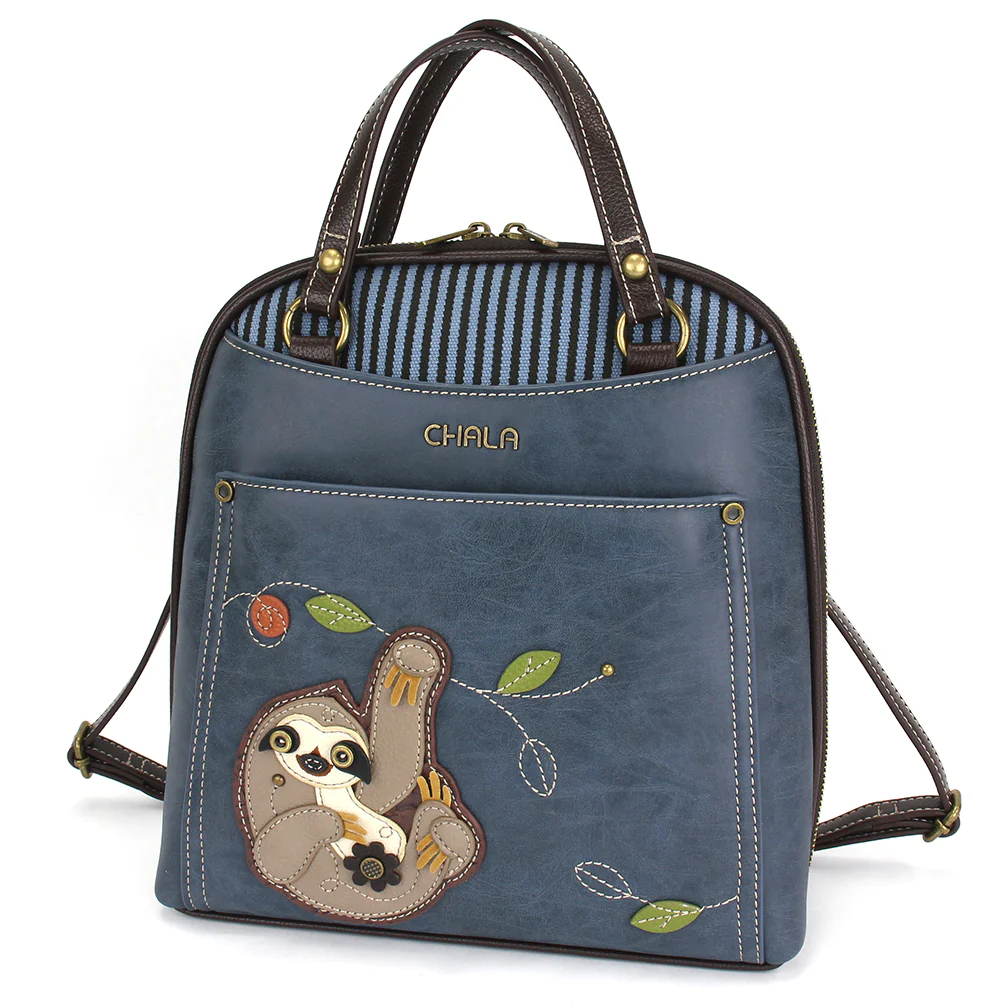 Elevate your style with the delightful Chala vegan leather convertible backpack purse, featuring a sloth Chala Pal companion on the front. Crafted with cruelty-free materials, this charming accessory blends fashion with personality, making a statement that is both playful and environmentally conscious. Experience the perfect blend of whimsy and elegance with every wear, showcasing your unique flair wherever you go