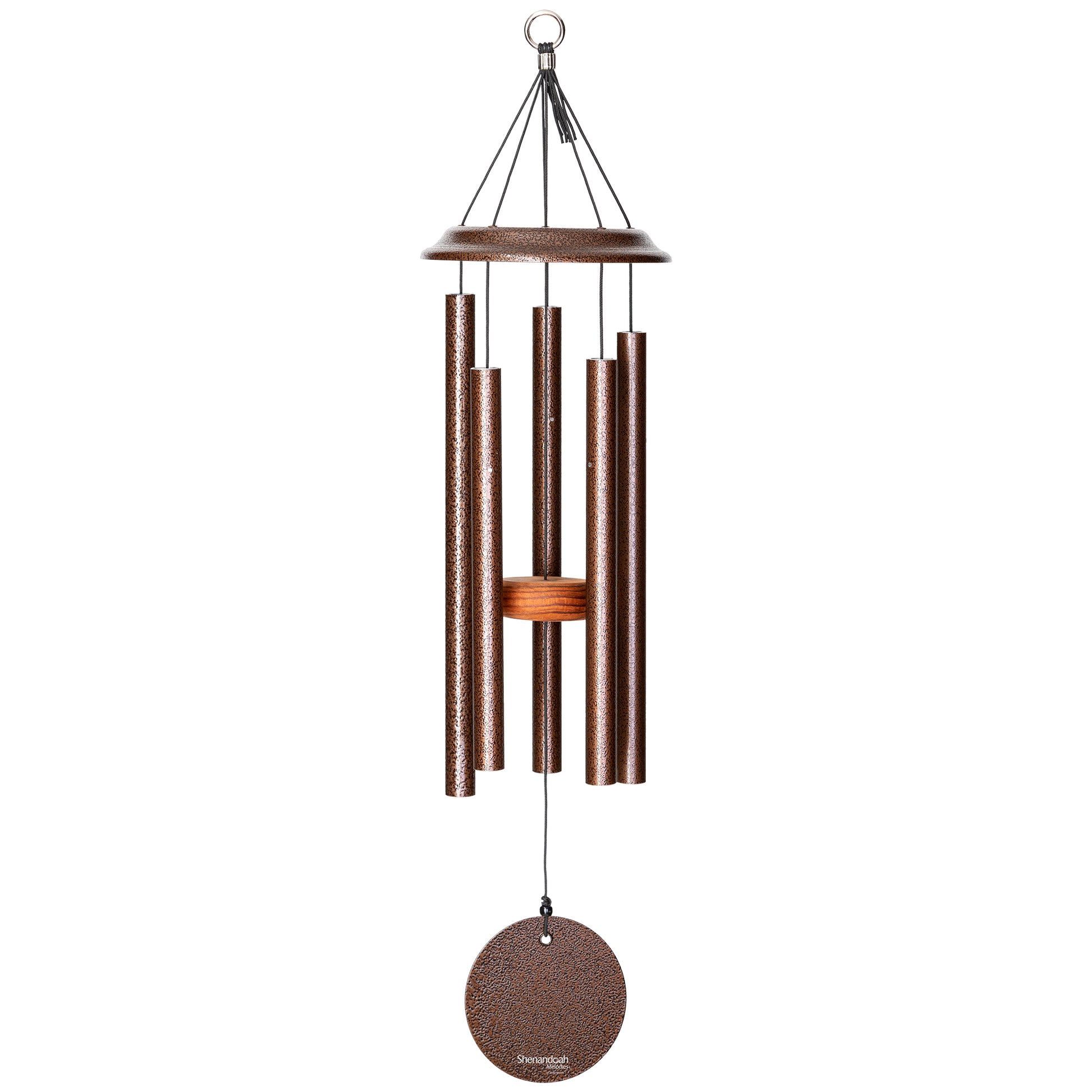 These Copper Vein Wind River Shenandoah Melodies wind chimes from Home and Garden Treasures are crafted with six hollow tubes of varying sizes suspended from a central ring, creating enchanting melodies as they dance in the breeze. Complete with a stylish round metal sail that catches gentle winds, each Shenandoah Melodies exemplifies the calming song of the Virginia countryside. Elevate your garden retreat with the perfect gift today!